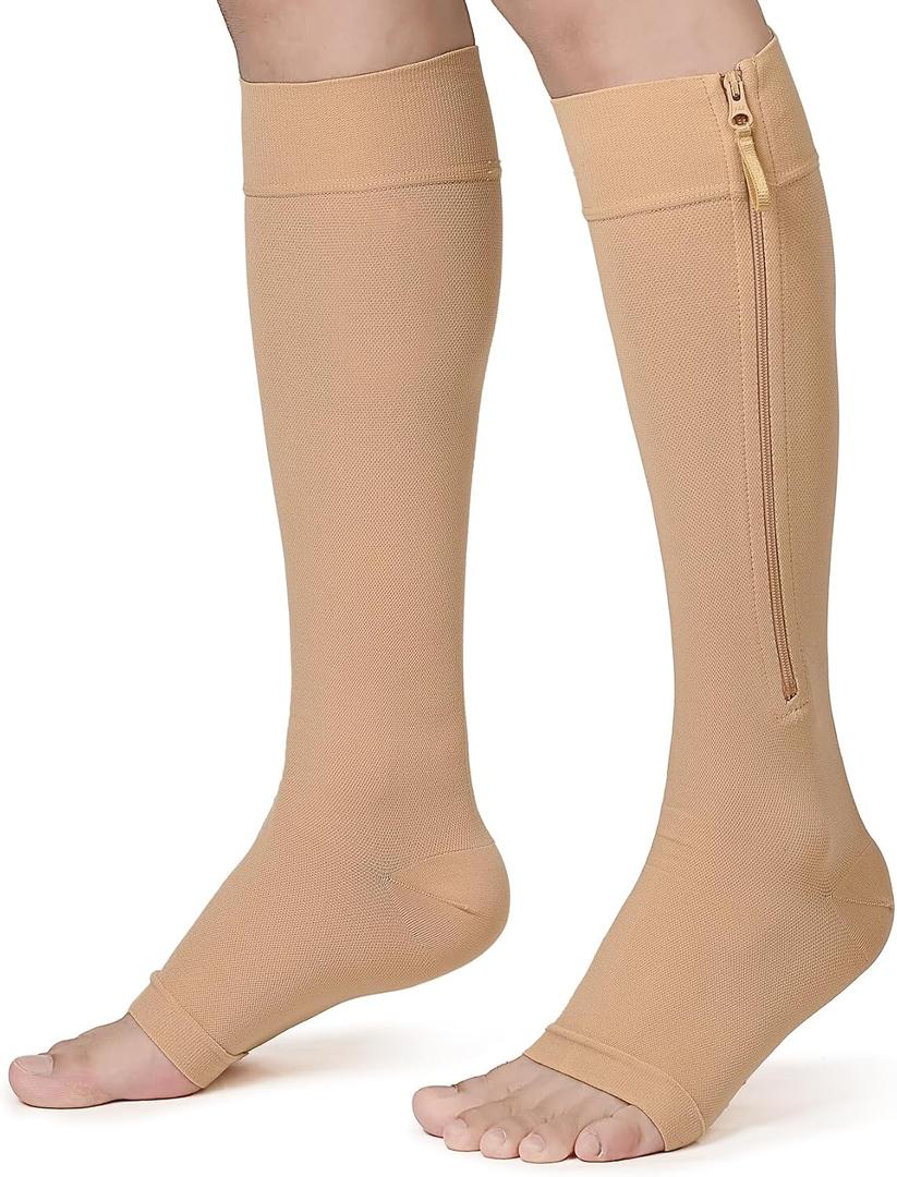 KEKING Zipper Compression Socks for Men Women, Open Toe, 20-30mmHg Firm Support Knee High Zipper Compression Stockings for Wide Calf - Varicose Veins, DVT, Shin Splints, Edema, Nursing, Beige L