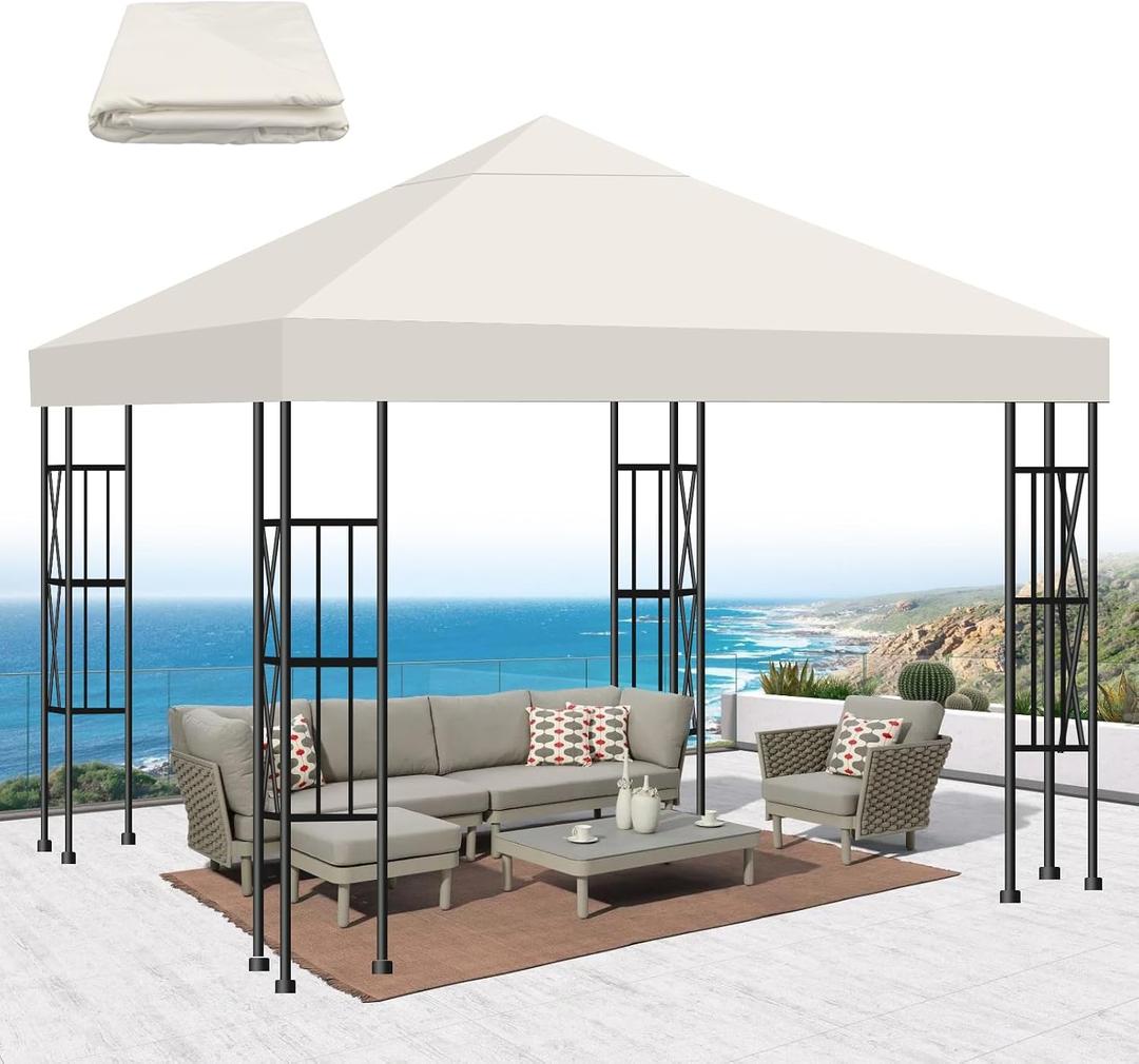 10x10 Gazebo Canopy Replacement Top, 300D High-Density Waterproof Single Layer Gazebo Cover with Air Vent Heavy Duty, Folded UV Blocking Canopy Roof for Outdoor Patio Garden Tent Top(Beige, Flat Edge)