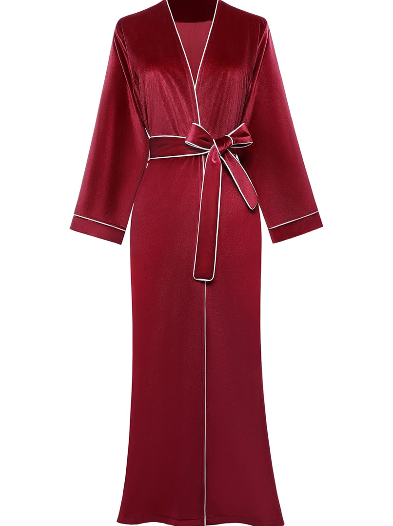 PRODESIGN Women's Long Velvet Robe Soft Warm Bathrobe Pure Color Sleepwear with Trim Loose Nightgown, Size S/M