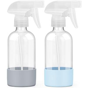2 Pack Glass Spray Bottles 8 oz, Empty Refillable Containers with Silicone Sleeve Protection, Glass Spray Bottles for Cleaning Solutions, Hair and Plants with Adjustable Nozzles Blue&Grey