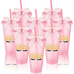 8 Pcs Pink Sleepover Party Supplies for Girls Slumber Party Cup Birthday Squad Cup with Lid Straw and Twist Bow 24 oz Plastic Coffee Tumbler Travel Mug for Spa Pajama Birthday Favor Stuff Teen Girl