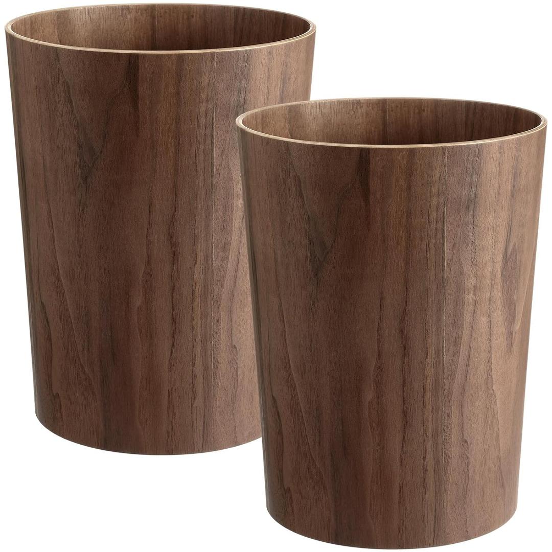 Threehoney 2 Pack 2.3 Gallons Wood Trash Can Wastebasket Natural Wood Round Wastebasket Small Trash Bin for Home, Office Under Desk, Kitchen, Bedroom, Den, Hotel,Room