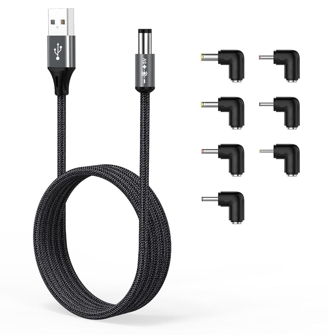 AGVEE 6.6ft USB to DC 5V Power Cord 5521(5.5x2.1mm) | Braided Nylon & Aluminum Shell | 6pcs DC Adapter Tips | Fast & Durable Charging for CCTV Cameras, Routers, LED Strips, Dark Gray