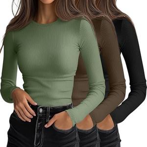 Ficerd 3 Pack Women's Ribbed Long Sleeve Tops, Crew Neck Slim Fit Undershirts Knit Basic Casual Stretch Layering Tee Shirts size L