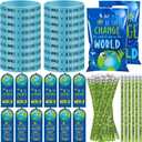 Resurhang 200 Pcs Earth Day Assorted Items Bulk 50 Sets Be the Change You Wish to See in the World Plastic Goody Bags Inspirational Bookmark Pencil Wristband Accessories for Classroom Party Favor