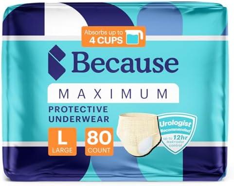 Because Premium Maximum Plus Adult Incontinence and Postpartum Bladder Leak Underwear for Women, Maximum Absorbency, Disposable, Beige, Large, 80 Count (4 Packs of 20)