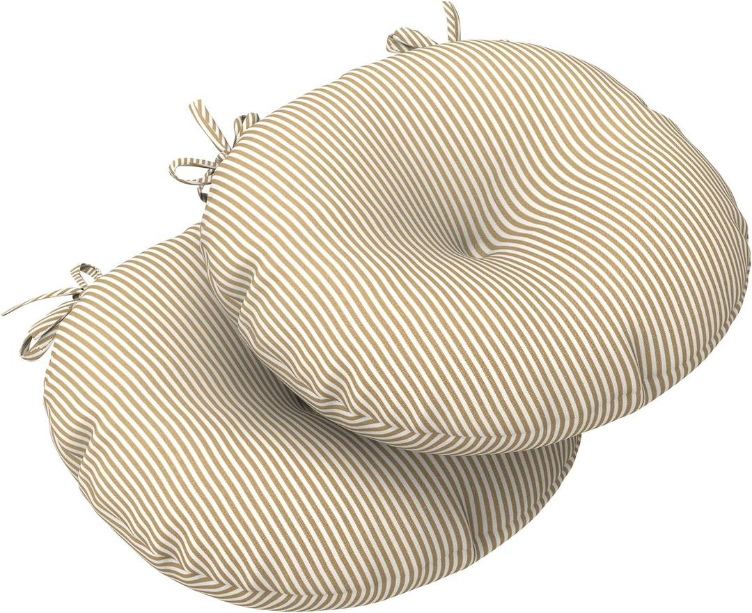 LVTXIII Outdoor Bistro Chair Cushions, 15"x15"x4" Round Patio Chair Cushions, All Weather Tufted Seat Cushions for Patio Furniture Use, Set of 2, Stripe Beige