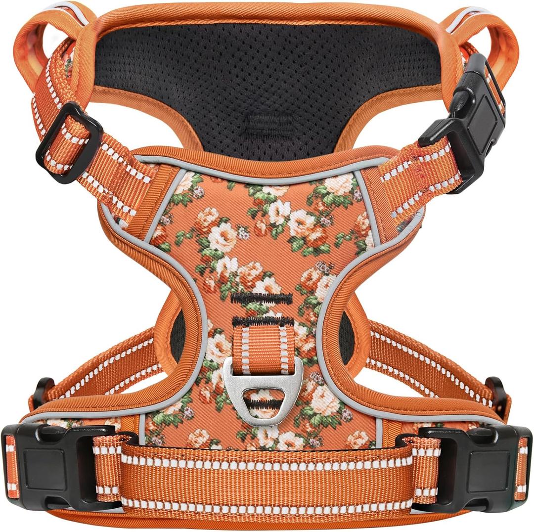 Timos Dog Harness, No Pull Dogs Harness 3 Snap Buckles Adjustable Reflective No Choke Pet Vest for Small Dog with Soft Padded Control Training Handle for Outdoor Training, Flower Orange, S (Small (Pack of 1))