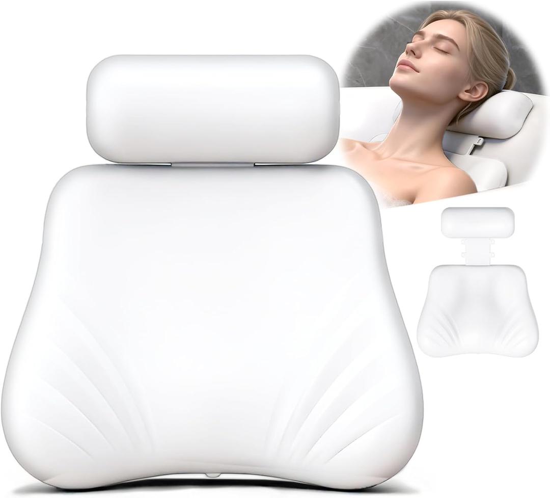 Silicone Bath Pillow, Upgraded Bath Pillows for Tub, Adjustable Height Bathtub Pillow for Head and Neck, 4D Luxury Tub Pillow Skin-Friendly Large Suction Cups Stability, Spa Relaxation-White