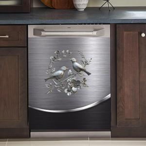 Dishwasher Cover Sheet Magnetic Bird Flower,Grey Metal Silver Pattern Polishing Dishwasher Skin Magnet Decor Silver Texture, 23X26 INCH Steelbird Magnet Rerigerator Wrap, Kitchen Full Panel Decal