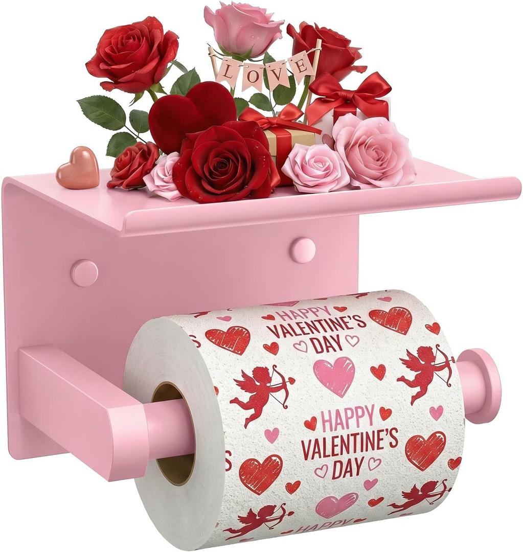 Tindbea Toilet Paper Holder with Phone Shelf, Adhesive or Screw Wall Mount Toilet Tissue Roll Holder, Rustproof & Multifunctional Stainless Steel Bathroom Storage Dispenser (Blush Pink)