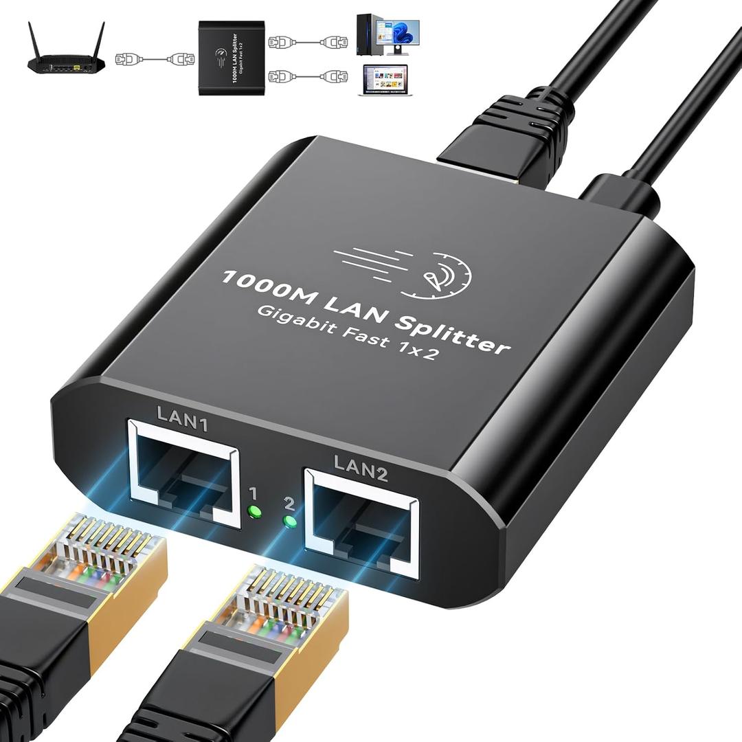 Ethernet Splitter 1 to 2 1000Mbps Internet Cable Splitter 1 in 2 Out High Speed Either Network Splitter Gigabit Dual LAN RJ45 Port Router Switch Work with Cat6/7/8 Cable (Ethernet Spltter 1 to 2)