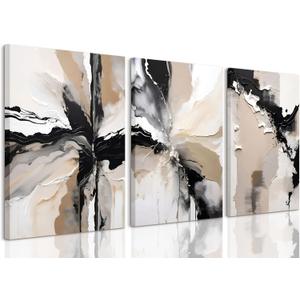 LYPHNX Framed Black and Brown Abstract Geometric Canvas Wall Art Modern Grey White Beige Print Poster Set of 3 Painting Terracotta Brush Strokes Picture Home Decor for Bathroom Bedroom Office 12"x16"