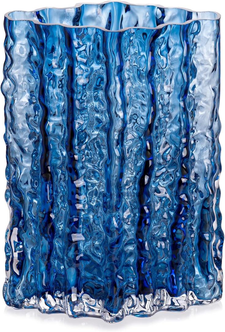Glass Vase for Centerpieces, Diamond Shaped Vase for Flower, Modern Glacier Glass Vase for Home, Office, Restaurant Desk Decor 8.3 Inch(Blue)