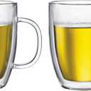 Bodum 15oz Bistro Double Wall Insulated Mug, High-Heat Borosilicate Glass, Set of 2, Clear