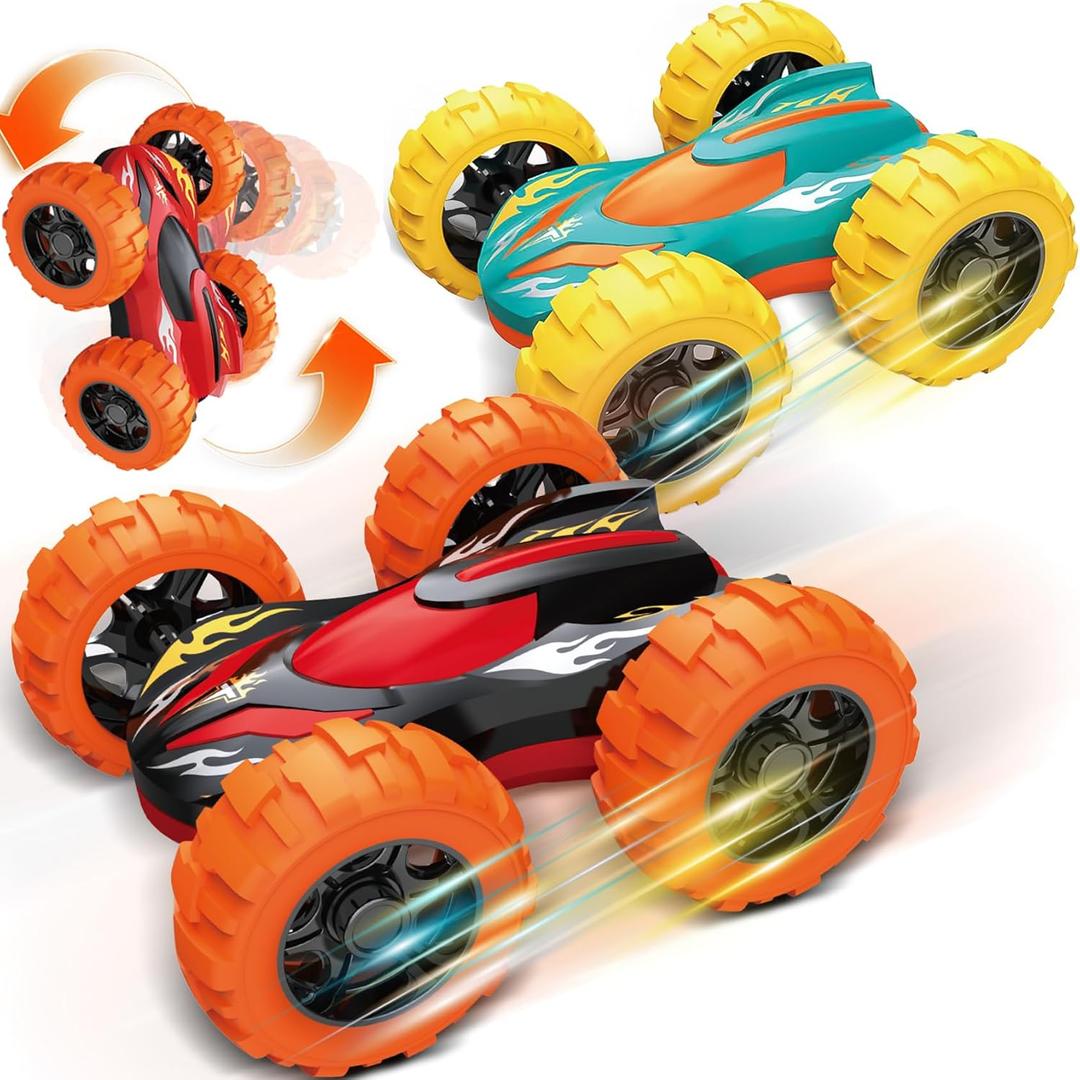 Car Toys for Ages 3-5 Boys, Push and Go Monster Truck Toys for 3 4 5 Year Old Kids, Double-Sided 360 Flip Stunt Car Baby Toy, Sturdy 4WD Cars Toddler Boy Toy, Easter Birthday Gifts for Boys Girls (Orange-yellow Kids' Play Trucks)