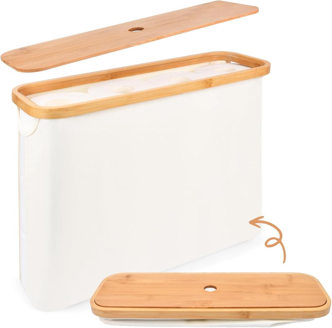 Toilet Paper Storage Basket, GlamSpark Foldable Toilet Paper Storage with Bamboo Lid, Toilet Paper Organizer for up to 9-12 Rolls with Visible Window, Functional and Stylish Bathroom Organizer, Beige