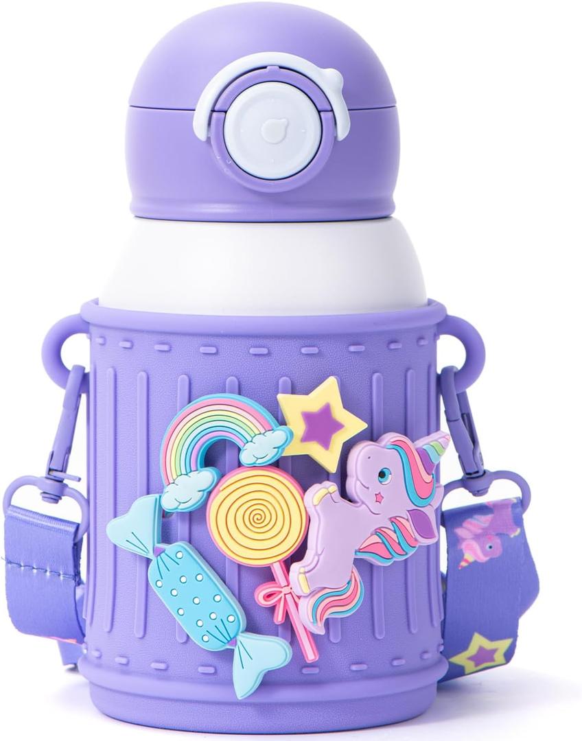 Kids Insulated Tumbler Set  16oz Stainless Steel Water Bottle with Straw & Pour Lids, Screw-On Cup, Adjustable Strap, Silicone Sleeve & Charms  Leakproof BPA-Free Bottle for Boys & Girls (Unicorn)