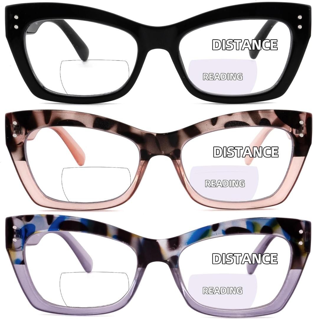 3 Pack Bifocal Reading Glasses for Women Fashion Clear Top Bi-focal Readers Full Lenses Dual Focal Eyeglasses