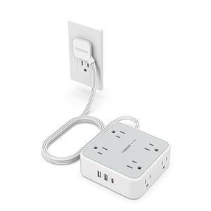 Surge Protector Flat Extension Cord Flat Plug Power Strip, 8 AC Outlets, 3 USB Charger(1 USB C Port) 3-Sided Outlet Extender, 5 Ft, 900 Joules Protection, Office Supplies, Dorm Room Essentials, Grey