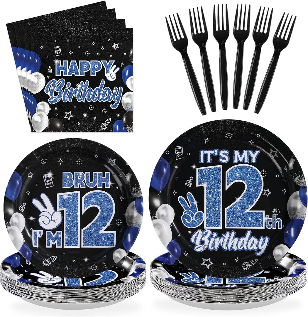 96 Pcs 12th Birthday Decorations for Boys Blue and Black Plates and Napkins Disposable Glitter It's My 12th Birthday Party Supplies for Boys Kids Teenager 12 Years Old Party DecorServes 24