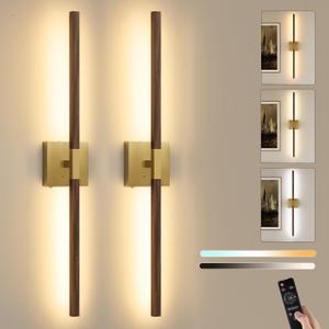 32 Inch Rechargeable Wireless Wall Sconce with Remote Control, 8000mAh Battery Operated Wall Sconce Set of 2 with Timer, 3000K/4500K/6000K Dimmable, 360° Rotation for Living Room, Gold Walnut (2 Pack)