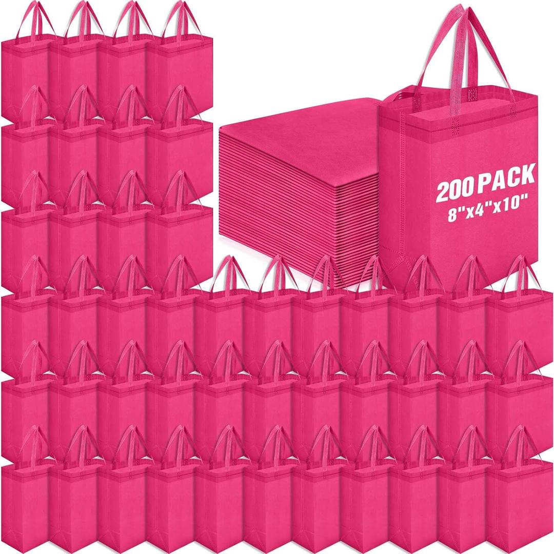 Windyun 200 Pcs Reusable Tote Bag Bulk 8 x 4 x 10 Inch Non Woven Shopping Bag with Handle Christmas Reusable Grocery Gift Tote (Rose Red)