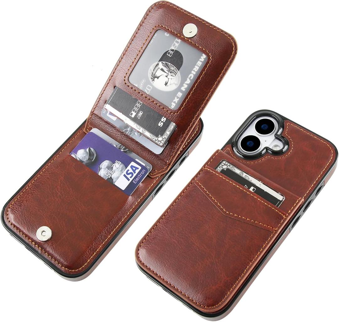 KIHUWEY Compatible with iPhone 17 Case Wallet with Credit Card Holder, Flip Premium Leather Magnetic Clasp Kickstand Heavy Duty Protective Cover for iPhone 17 6.3 Inch (Brown)