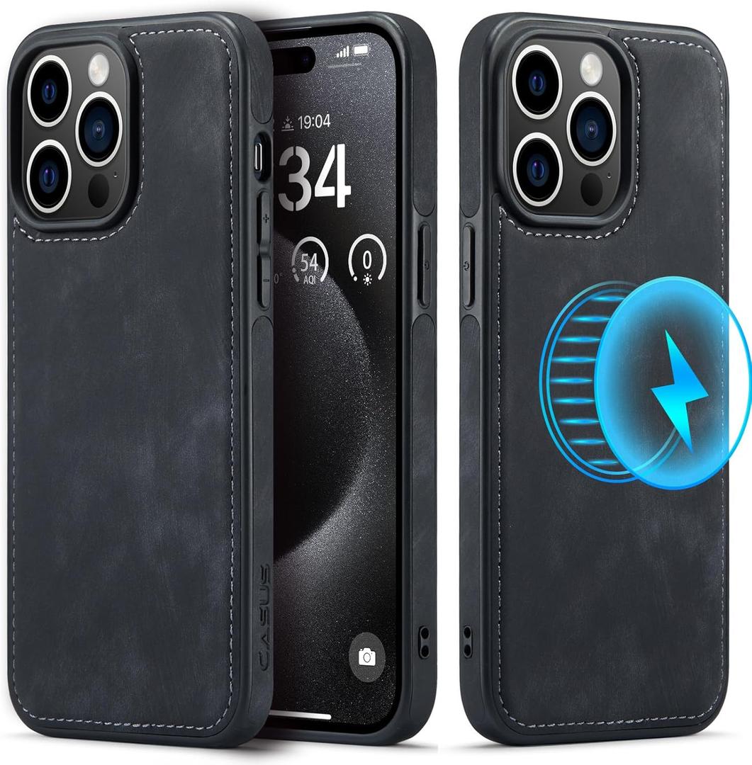 Casus Designed for iPhone15 Pro Max Case Compatible with MagSafe Leather Slim Luxury Elegant Thin Protective Cover (2023) 6.7" - Black