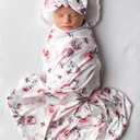 Terriboo Newborn Floral Print Blanket Baby Stretch Wrap Swaddle Receiving Blanket with Matching Headband and Beanie (Purple and Pink)