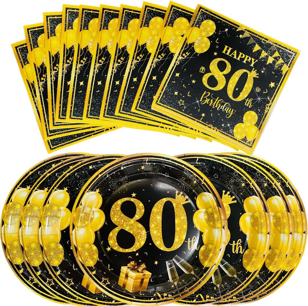 80th Birthday Party Supplies 80th Birthday Disposable Tableware Happy Birthday Party Plates and Napkins Black and Gold Birthday Table Decoration for 20 Guests