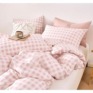 LEMIROE Cottage Gingham 100% Cotton Duvet Cover Queen Size 3PC - Sweet Blush Pink & Soft White Mini Check Pattern, Modern Farmhouse Bedding Set with Button Closure (90"90")