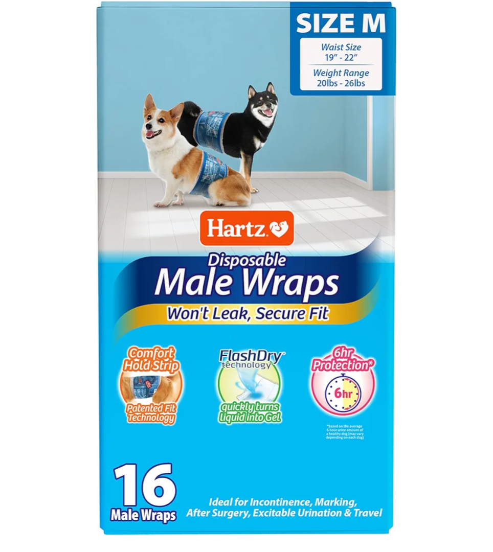 Hartz Disposable Male Dog Wraps, Size M 16 Count, Comfortable & Secure Fit, Easy to Put On