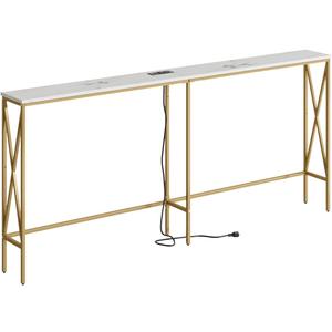 Masupu 70.9" Console Table with Power Outlet, Modern Narrow Long Sofa Table Behind Couch, Skinny Entry Table, Industrial Sofa Table with Metal Frame for Hallway, Living Room, Marble White