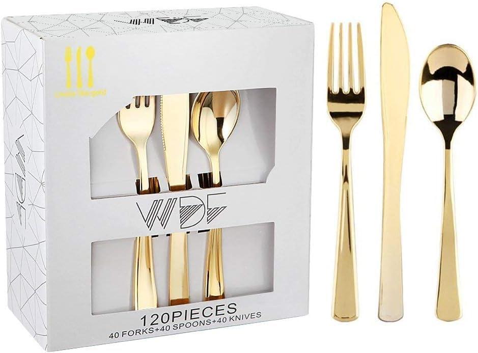 WDF 120 Pieces Gold Plastic Silverware - Disposable Flatware Set - Heavy Duty Plastic Cutlery - Silverware Includes 40 Forks, 40 Spoons, 40 Knives for Party/Wedding/Birthday/Valentine's Day