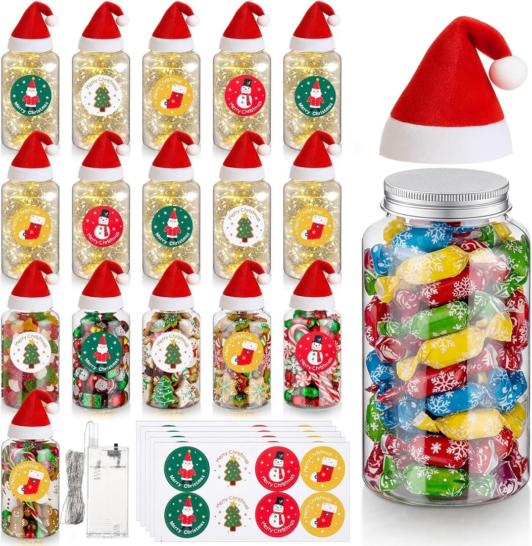 16 Sets Christmas Plastic Mason Jars with Lids Christmas Decorations Candy Jar Xmas Gifts with LED Light, Mini Santa Hat, Stickers, Xmas Cookies Containers for DIY Crafts, Party Favors (Medium)