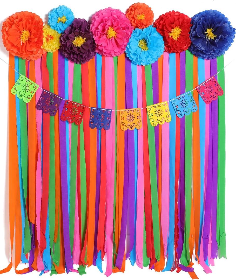 TaoBary 16 Pcs Mexican Paper Flowers Mexican Party Decorations Streamer Backdrop and Papel Picado Banner Mexico Fiesta Party Decorations Supplies Set for Cinco De Mayo Party Wedding (Bright Style)