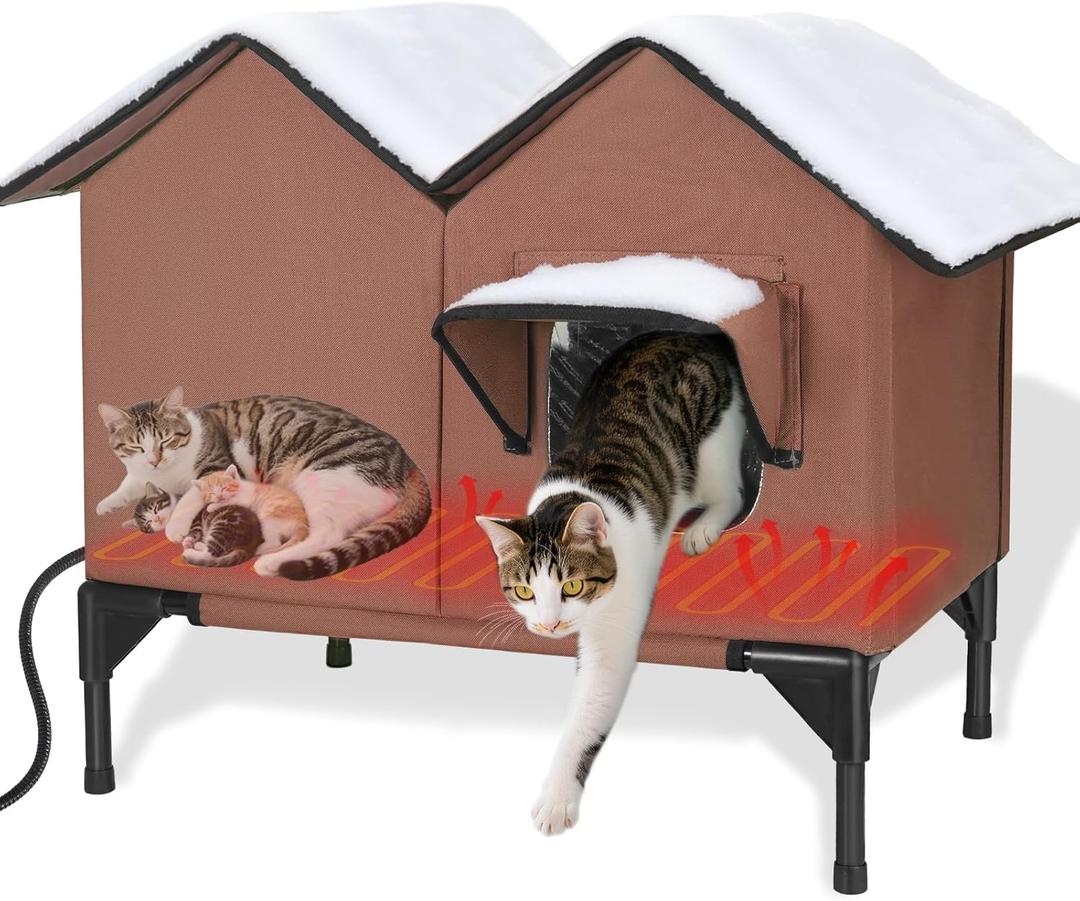 Heated Cat House for Outside Winter, Large Heated Outdoor Cat House Weatherproof, Elevated Bed, Escape Door, Insulated Outdoor Cat Shelter with Heater for Multiple Cats Feral Stray Kitty, Easy Setup