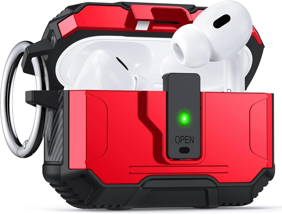 for AirPods Pro 2 Case Cover [Safety Lock] [Magnetic One-Click Open] [Military Shockproof Armor] Double Rugged Outdoor Wireless Charging Case for AirPods Pro 2nd Generation with Keychain, Red