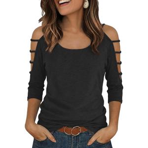 Jar of Love Women's Cold Shoulder Tops 3/4 Sleeve Sexy Going Out T-Shirts for Women Casual Tunic Tops (XX-Large, Black)