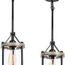 Ejerlya Farmhouse Pendant Light, Rustic White Wood Metal Cage Hanging Light Fixtures with Glass, 43 Inch Adjustable for Flat and Slop Ceiling, Pendant Lighting for Kitchen Island Foyer Hallway, 2 Pack