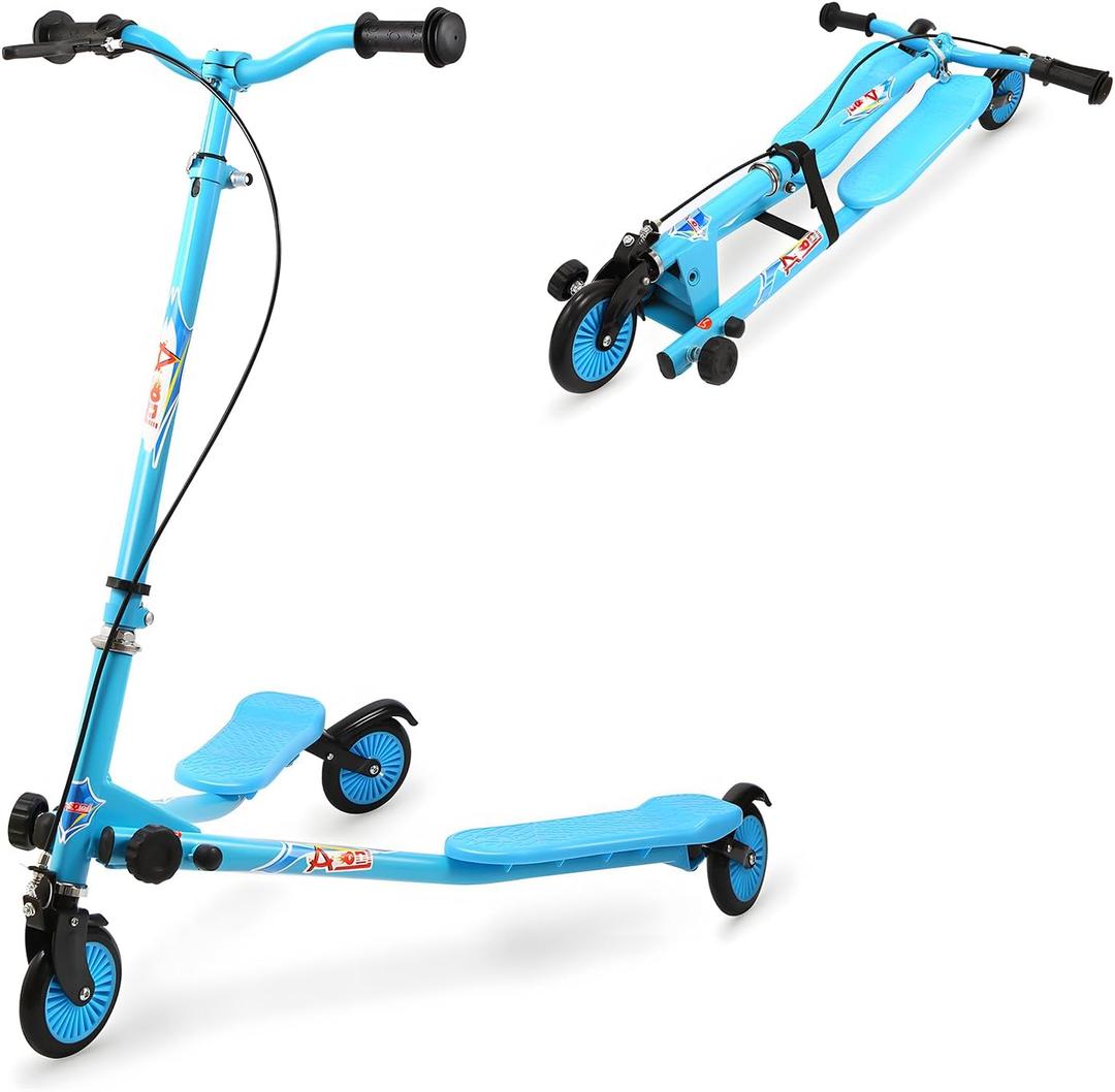 AODI Kids Swing Scooter, 3 Wheels Drifting Scooter/Wiggle Scooters with Adjustable Height & Foldable for Boys/Girl/Ages 5-12 Years (Blue)