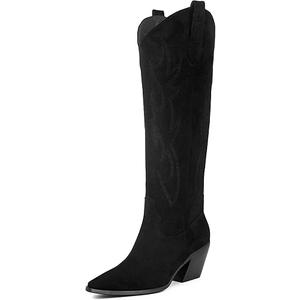 iiimmu Cowgirl Boots Women Knee High Boots Pointed Toe and Block Heel Cowboy Suede and Faux Leather Boots with Embroidered, 11, Black