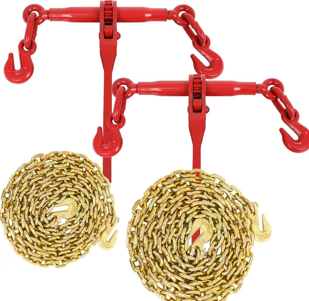 Ratchet Chain Binder 2PCS, 3/8" to 5/16" Heavy Duty Load Binders with G80 Chains 5/16"x10FT 4900lbs Secure Load Limit, Tie Down Hauling Chain Binders for Flatbed Truck Trailer