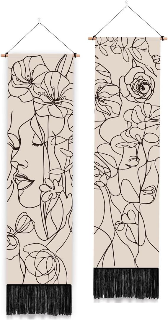 PLIGREAT 2 Pack Line Drawing Style Vertical Tapestry with Tassels Art Line Flowers Lady Wall Hanging for Bedroom Living Room Office Home Decor Long Narrow Art Tapestry, 52" x 13" (Black, Beige)