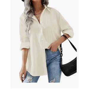 HOTOUCH Women Oversized Button Down Shirts Office Drop Shoulder Blouse Long Sleeve Boyfriend Dress Shirt with Pockets, L