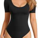 MANGOPOP Long Short Sleeve Bodysuits for Women Scoop Neck Ribbed Body Suit Stretchy Basic T Shirt Tops (X-Large)