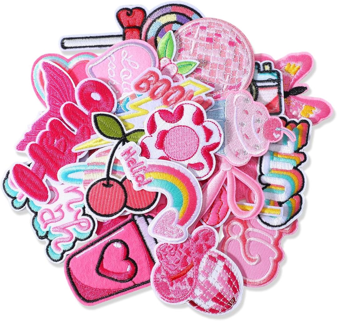 32 Pcs Iron on Patches for Girls - Pink Random Assorted Styles Embroidered Patches DIY Sew Applique Cute Repair Patch for Clothes, Backpacks, Jackets, Jeans, Hats