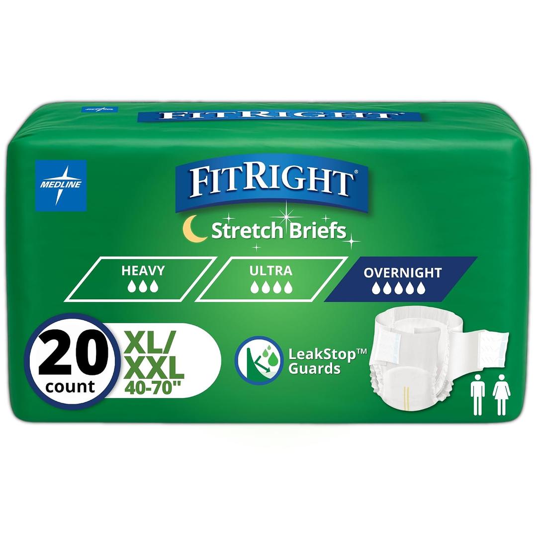 Medline FitRight Extended Wear Stretch Briefs, Overnight Adult Diapers with Tabs, Size 2 (Bag of 20) (Beige, XL)