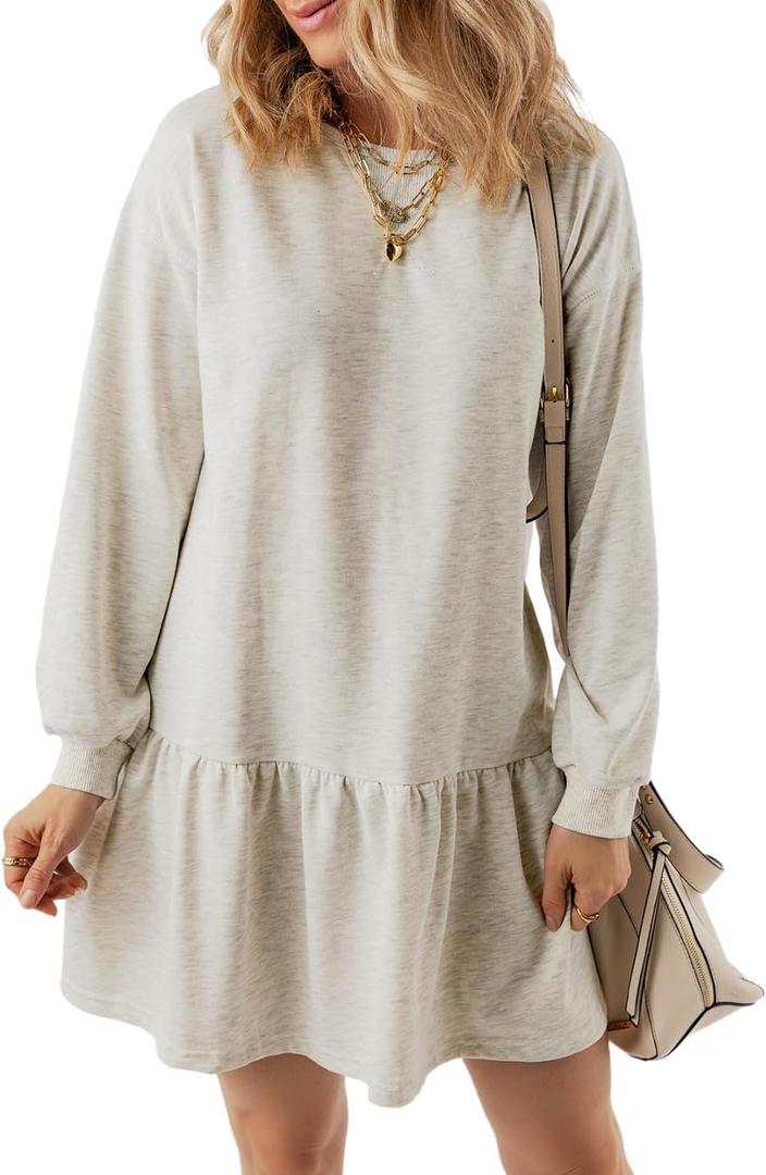 BLENCOT Womens 2025 Fall Long Sleeve Pullover Tops Crewneck Rib Knit Patchwork Sweatshirt Dress Casual Mini Dresses (Gray, M)